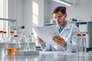 Clean laboratory scene with MMA monomer sample bottles, testing equipment, and a purity analysis chart — symbolizing precision and high-quality production.