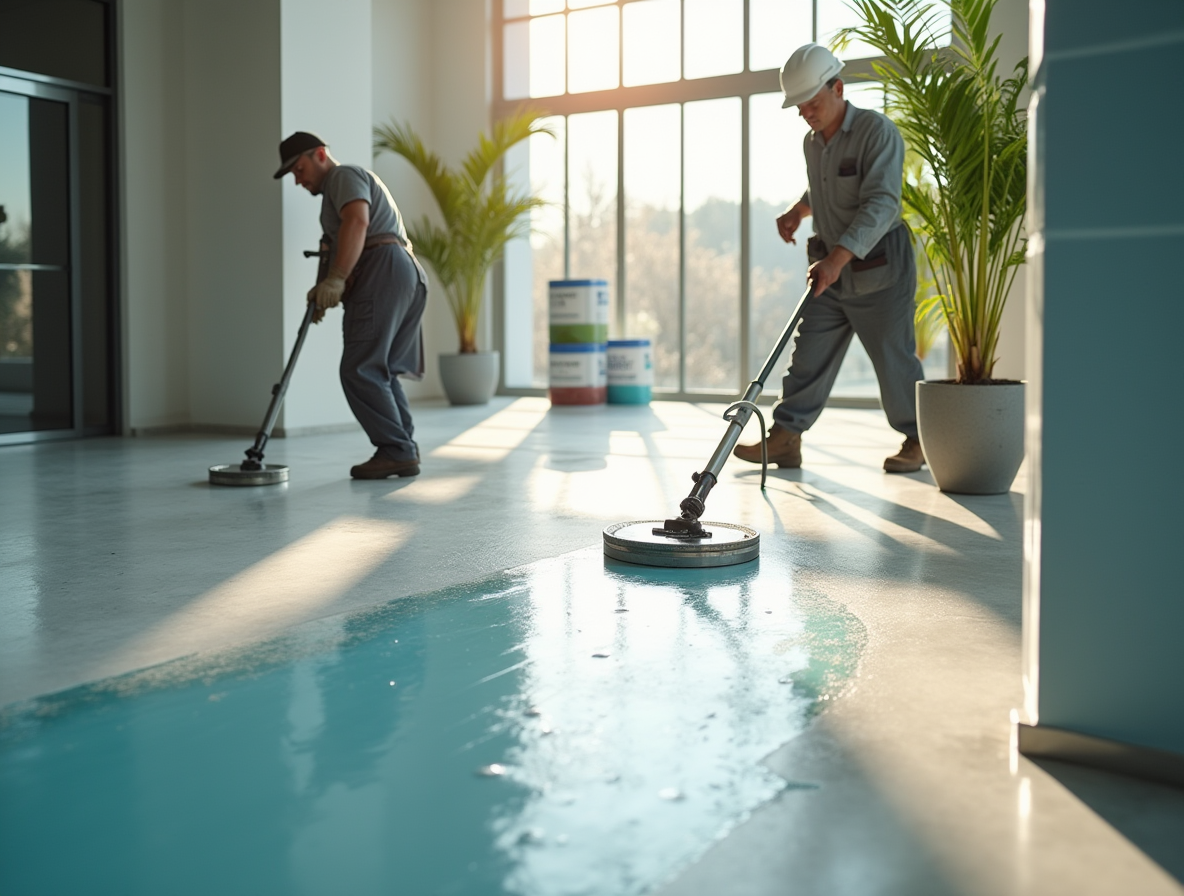 Construction workers applying MMA-based coatings on a building site with digital indicators showing cost savings, durability, and sustainability benefits.