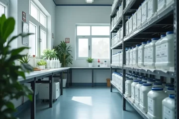 MMA monomer storage safety setup in a chemical facility with labeled containers, safety signs, and organized racks, emphasizing sustainability and compliance.