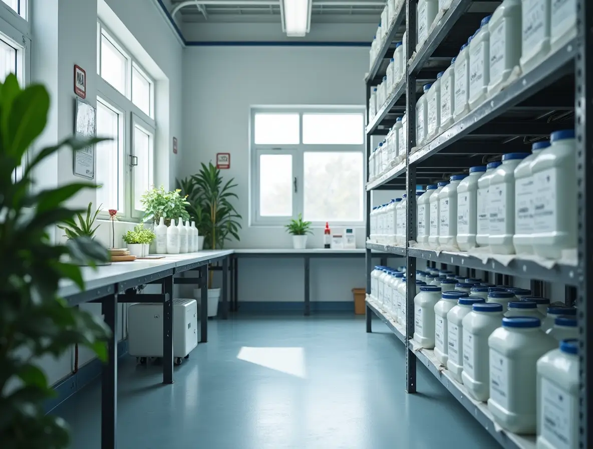 MMA monomer storage safety setup in a chemical facility with labeled containers, safety signs, and organized racks, emphasizing sustainability and compliance.