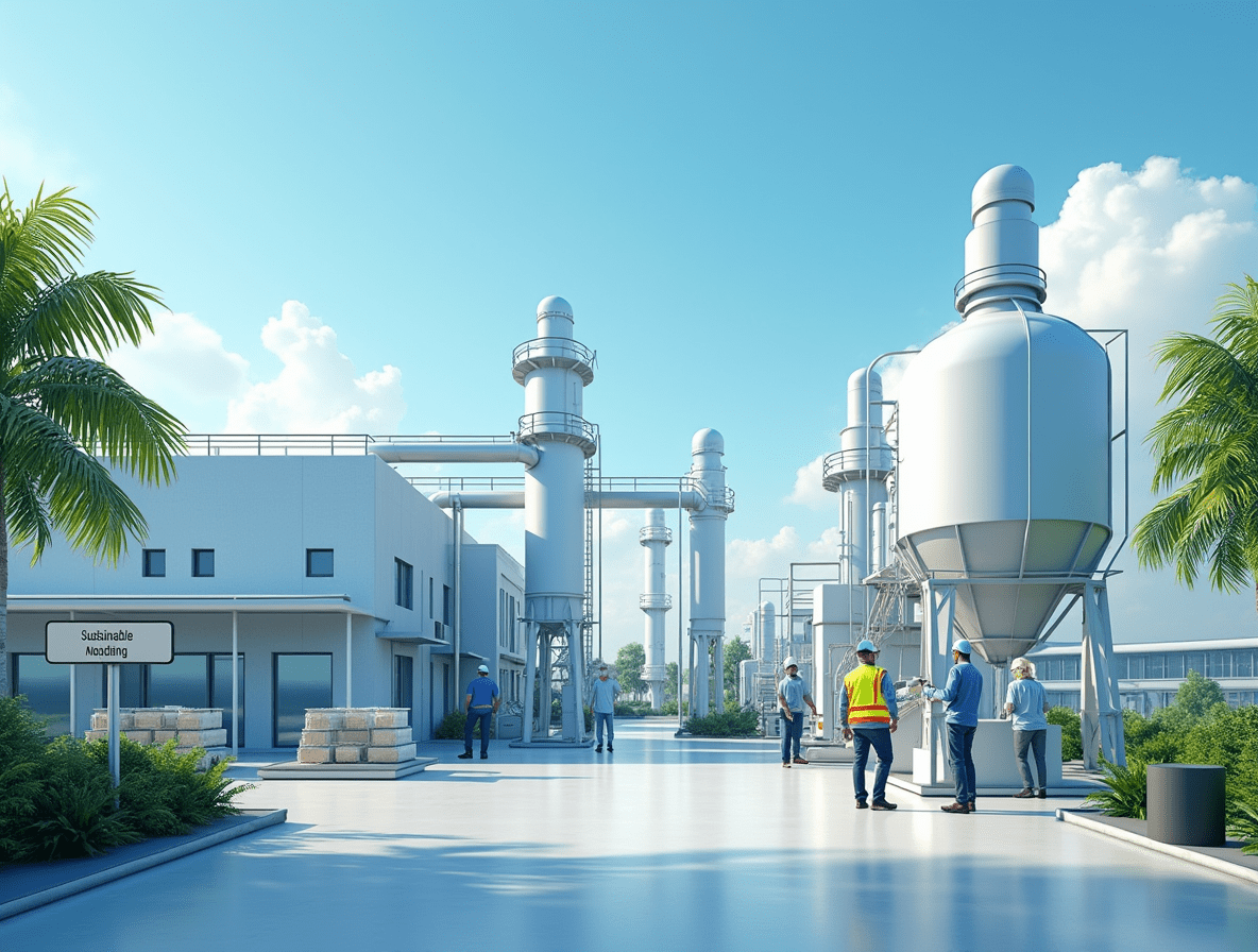 Modern MMA monomer manufacturing facility in Gujarat with eco-friendly design, skilled workers, and sustainable production processes showcasing global leadership.