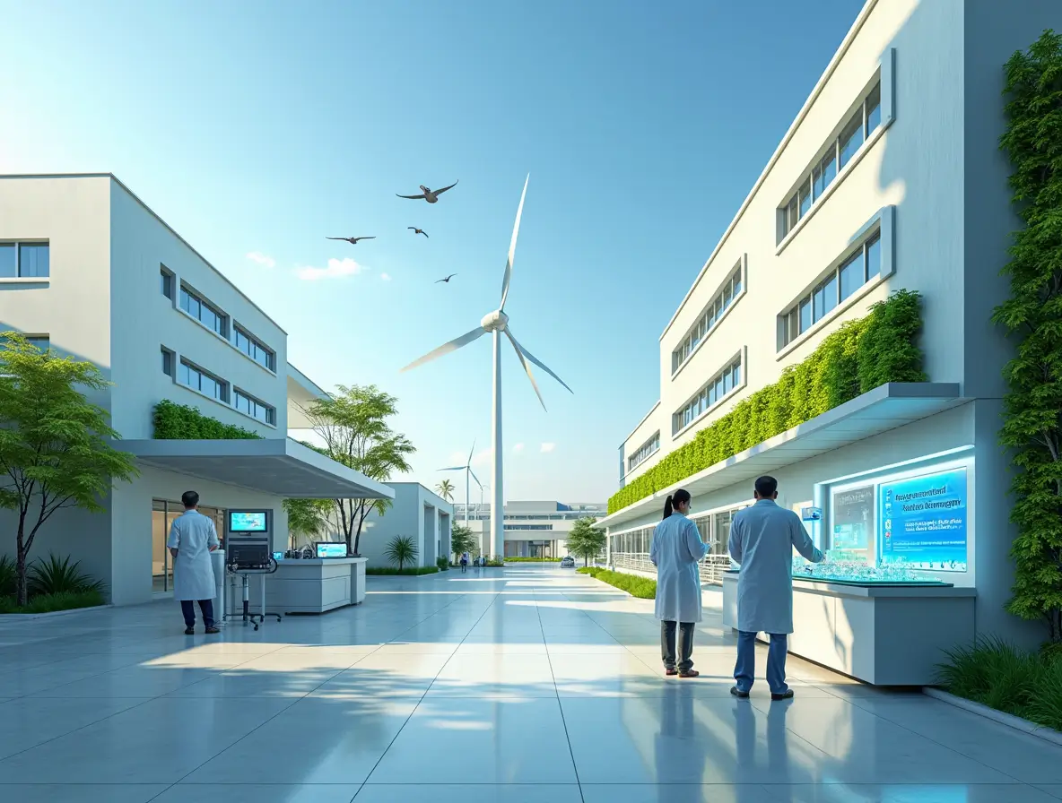 Industrial facility in Rajkot focused on eco-friendly regenerated MMA monomer manufacturing with green landscapes and solar panels.