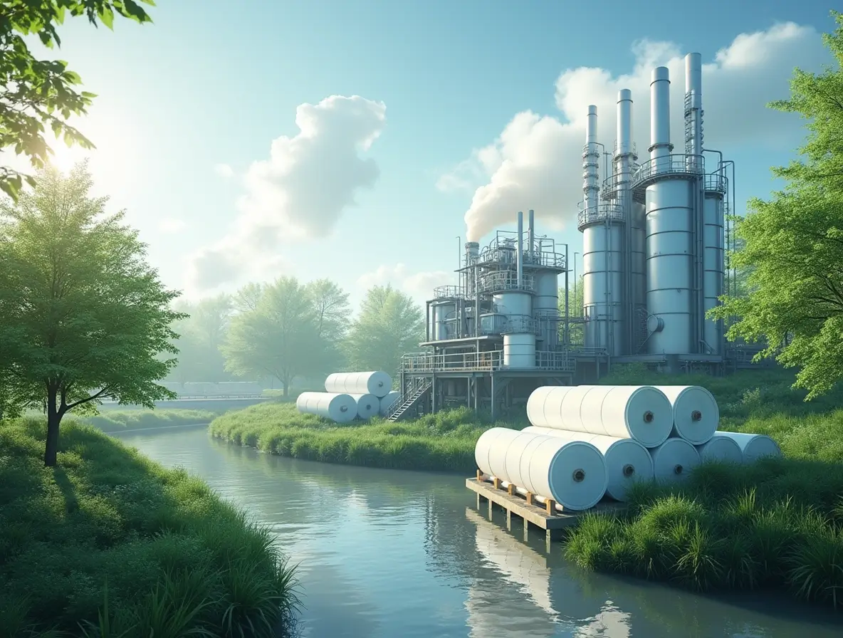 A vibrant industrial facility showcasing eco-friendly chemical processing with regenerated MMA monomer equipment and reclaimed acrylic material in the background.