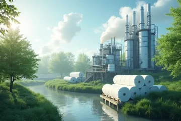 A vibrant industrial facility showcasing eco-friendly chemical processing with regenerated MMA monomer equipment and reclaimed acrylic material in the background.