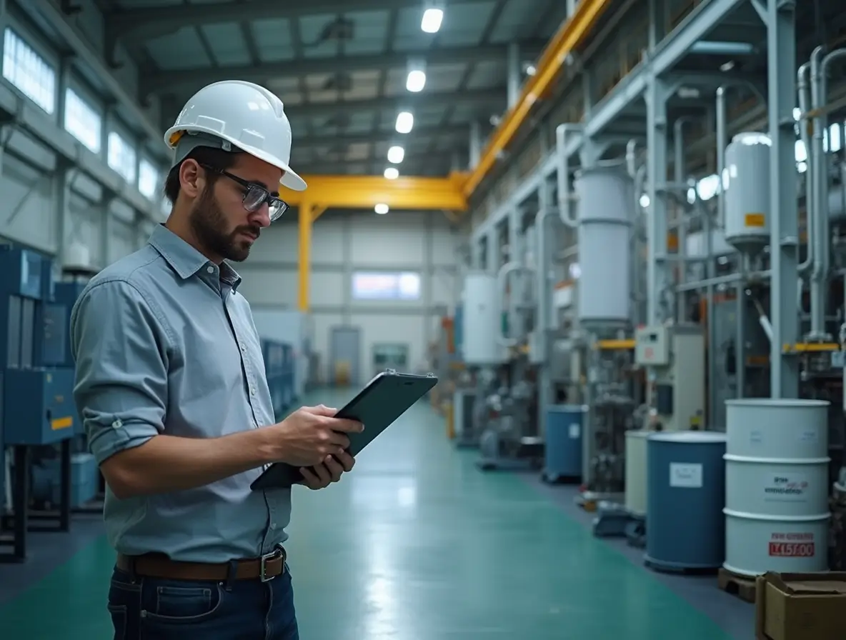 Modern chemical plant with eco-friendly infrastructure, featuring advanced regenerated MMA monomer manufacturing equipment and green surroundings.