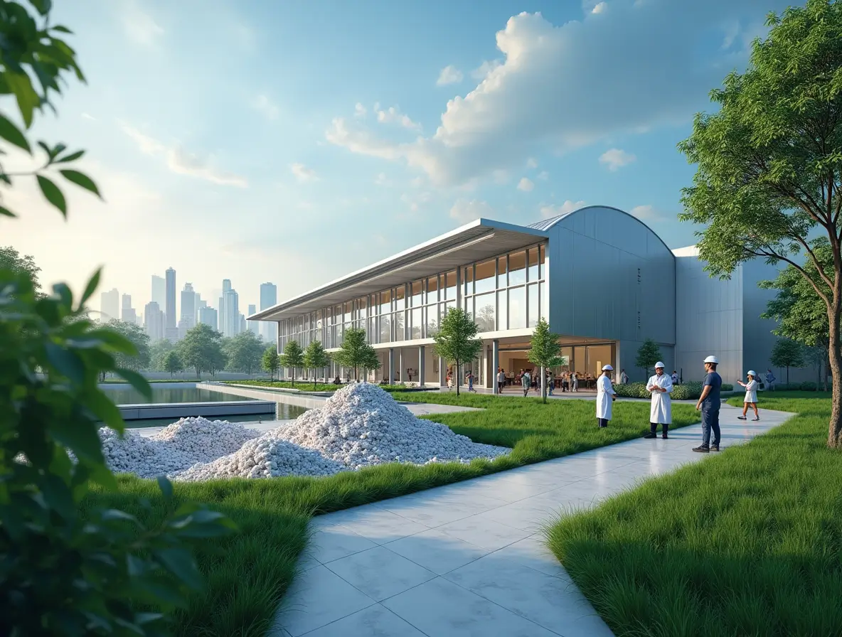 Innovative Indian chemical plant using sustainable methods to produce regenerated MMA monomers, with eco-friendly systems and green surroundings.
