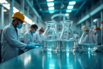 A state-of-the-art Indian chemical plant specializing in sustainable production. In the foreground, glass containers showcase clear regenerated MMA monomer samples on a lab bench, with quality testing equipment beside them. Scientists in safety gear are engaged in analysis, while a background of clean industrial infrastructure, green energy elements like solar panels, and ambient lighting reflect innovation and eco-conscious manufacturing. Add subtle molecule structures and icons symbolizing purity and recycling to emphasize modern regeneration.