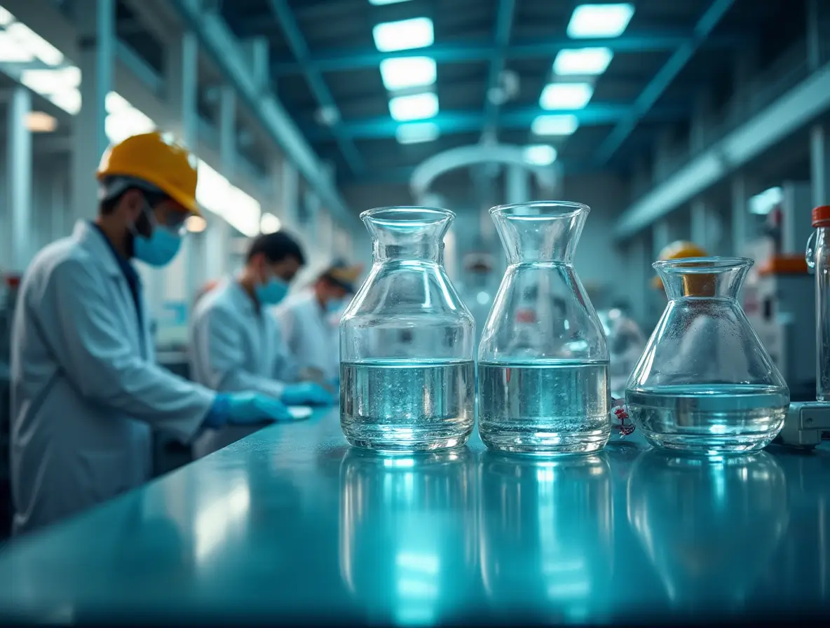 A state-of-the-art Indian chemical plant specializing in sustainable production. In the foreground, glass containers showcase clear regenerated MMA monomer samples on a lab bench, with quality testing equipment beside them. Scientists in safety gear are engaged in analysis, while a background of clean industrial infrastructure, green energy elements like solar panels, and ambient lighting reflect innovation and eco-conscious manufacturing. Add subtle molecule structures and icons symbolizing purity and recycling to emphasize modern regeneration.
