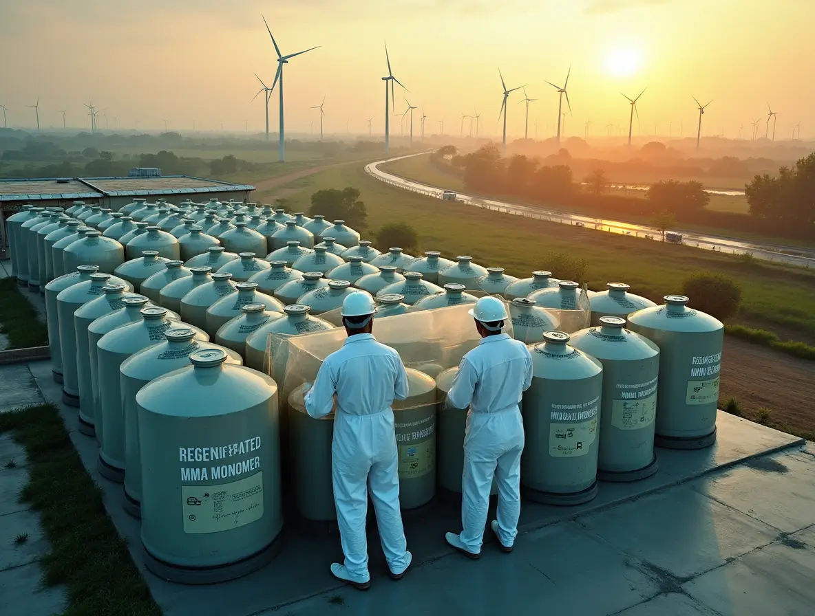A modern chemical manufacturing facility in Gujarat with clean surroundings, showcasing sustainability in action with regenerated MMA monomer production.
