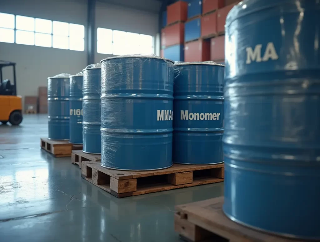 Export-ready cylindrical containers labeled “MMA Monomer” stacked on pallets in an industrial warehouse, prepared for international shipping.