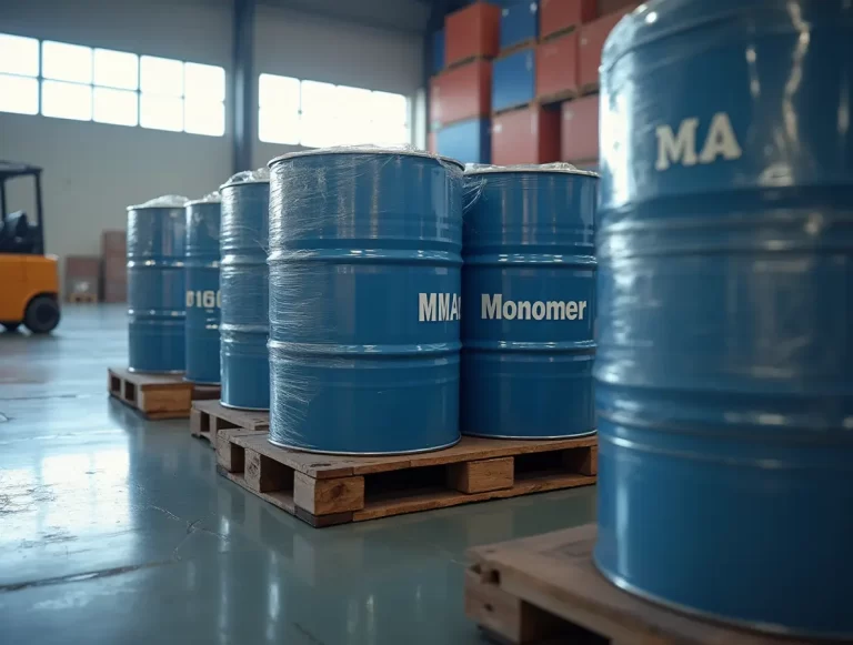 Export-ready cylindrical containers labeled “MMA Monomer” stacked on pallets in an industrial warehouse, prepared for international shipping.