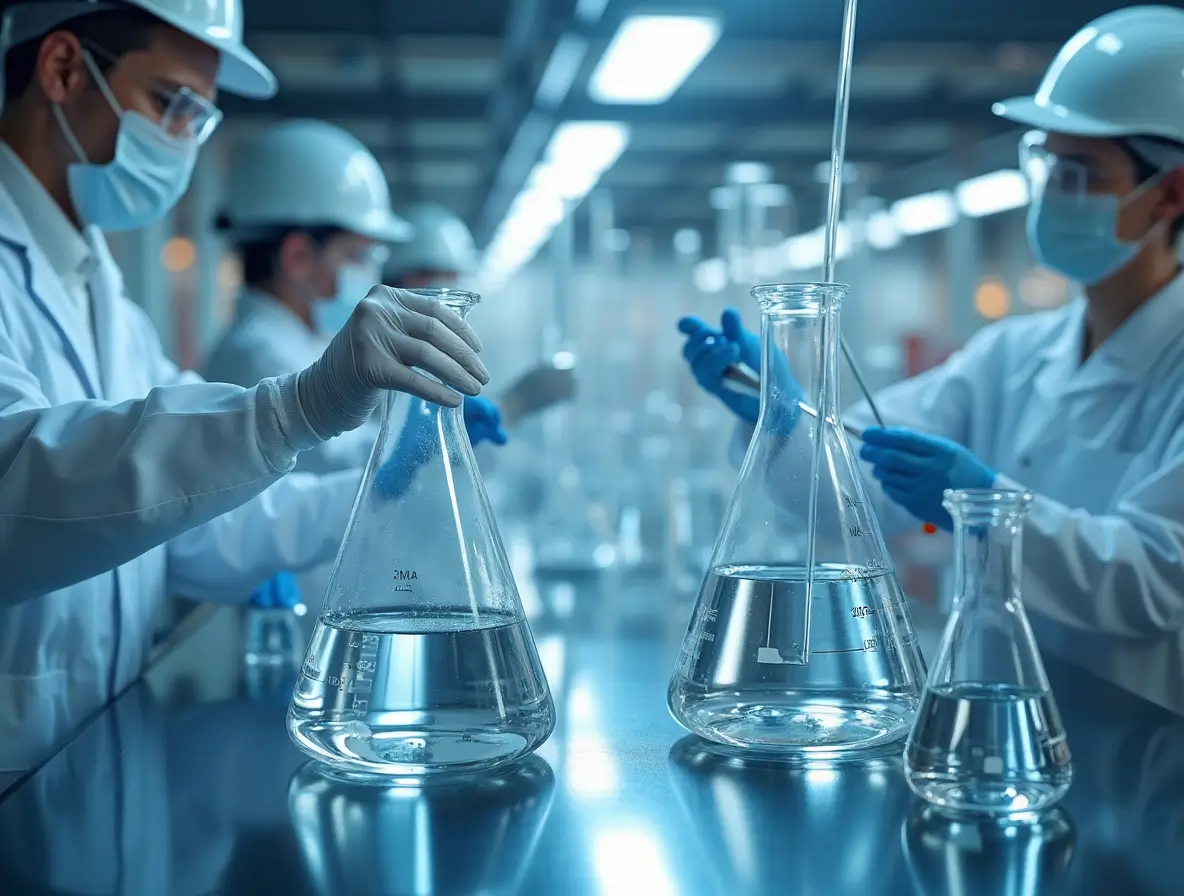 Methyl Methacrylate (MMA) properties and applications in industries like construction, automotive, and healthcare"yet realistic factory environment with ambient lighting and clean technology aesthetics.