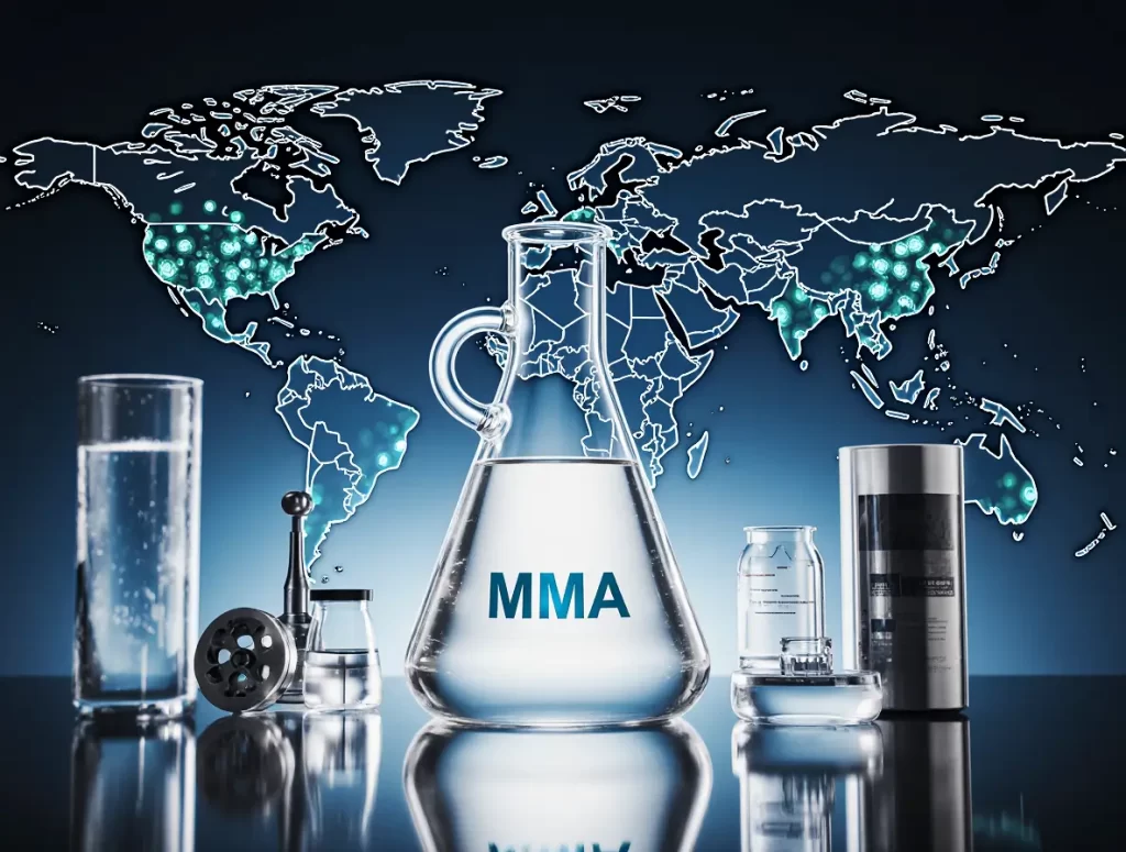 Acrylic sheets, automotive parts, and medical tools on a well-lit worktable, symbolizing everyday applications of methyl methacrylate monomer.
