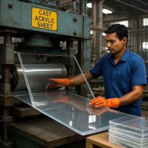 Cast acrylic sheet production process showing manual inspection and finishing in an Indian manufacturing plant.