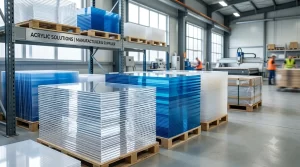 Stacks of high-quality clear, colored, translucent, and frosted acrylic sheets stored on pallets inside an industrial manufacturing warehouse, highlighting PMMA sheet production, inventory capacity, and supply readiness for MMA Chemicals.