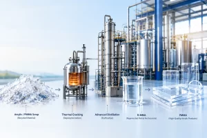R-MMA for PMMA manufacturing process showing recycled acrylic scrap transformed through thermal cracking and advanced distillation into regenerated methyl methacrylate for high-quality PMMA acrylic products.