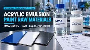 MMA Chemicals showcasing acrylic emulsion paint raw materials, including regenerated MMA monomer and acrylic coating application samples for industrial manufacturers in India.