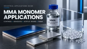 MMA monomer applications in industrial coatings, adhesives, acrylic resins and PMMA manufacturing, showcasing chemical feedstock and finished material samples.